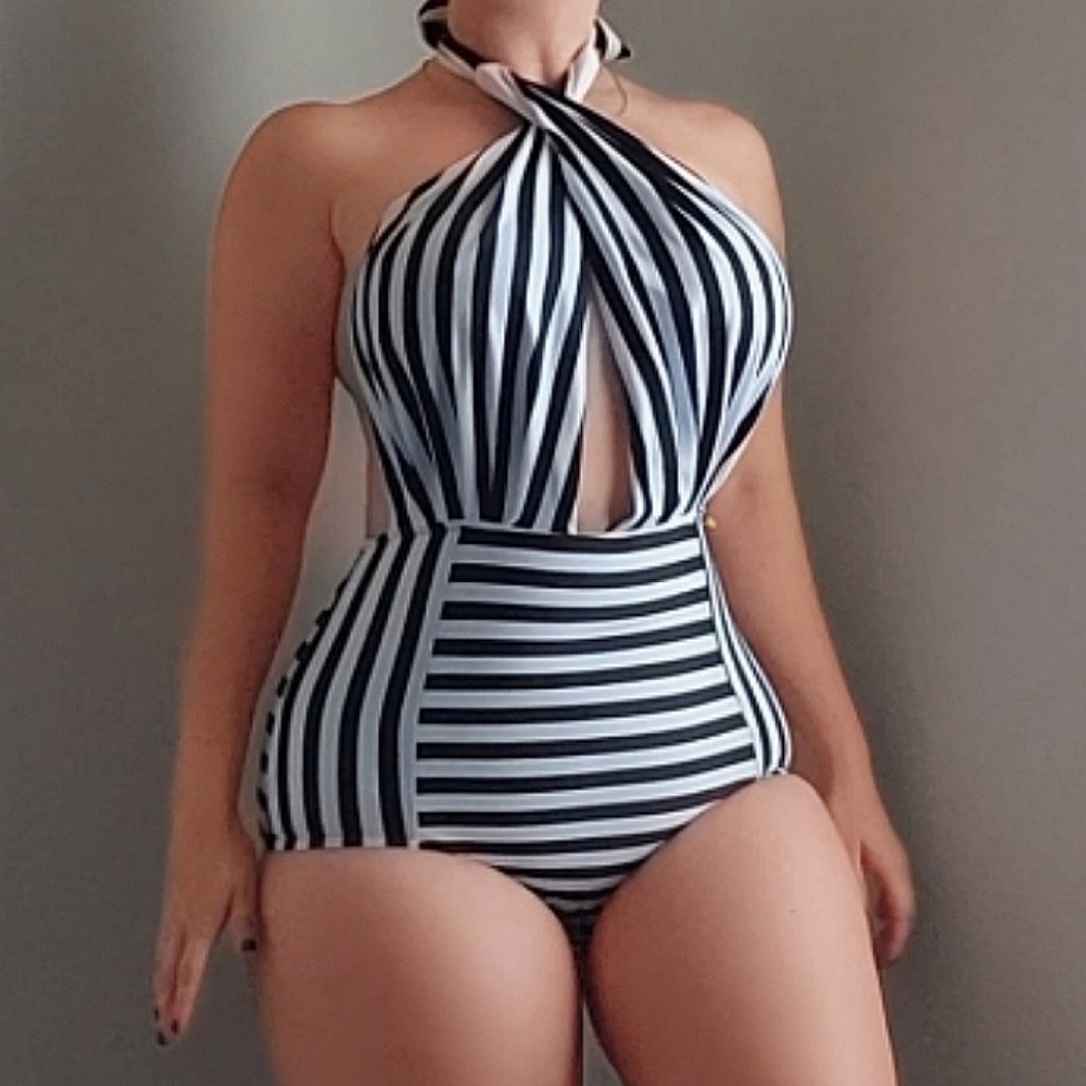 1950s Retro Barbie Striped One Piece Women's Swimsuit